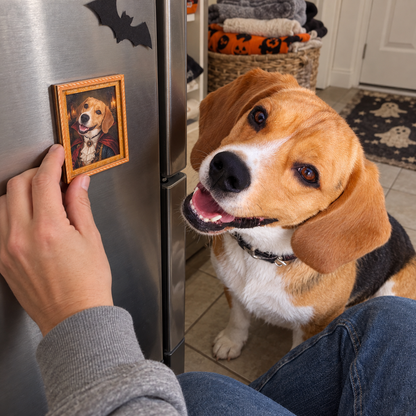 Illustrative example of a pet alongside its personalized portrait magnet.