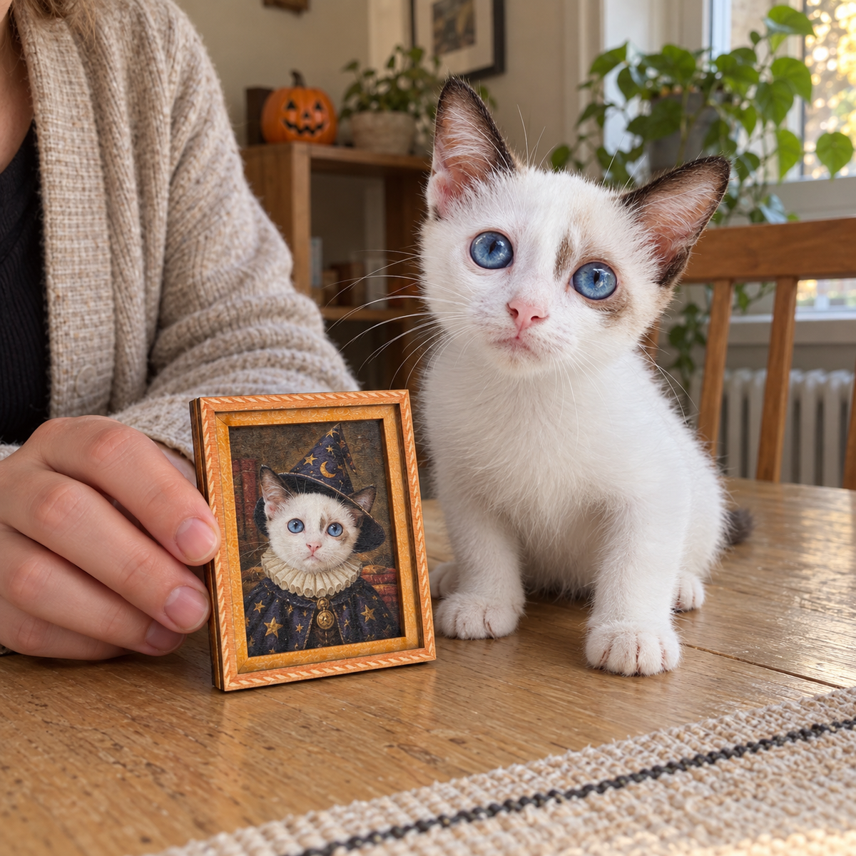 Illustrative example of a pet alongside its personalized portrait magnet.
