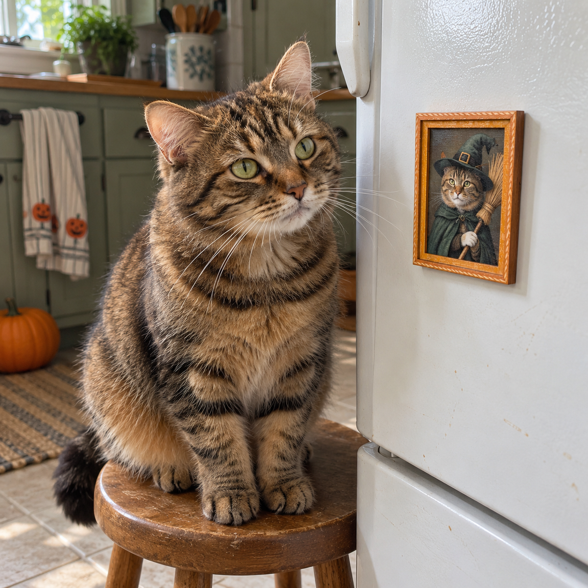 Illustrative example of a pet alongside its personalized portrait magnet.