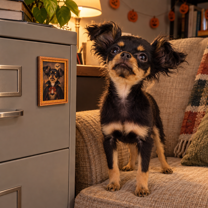 Illustrative example of a pet alongside its personalized portrait magnet.
