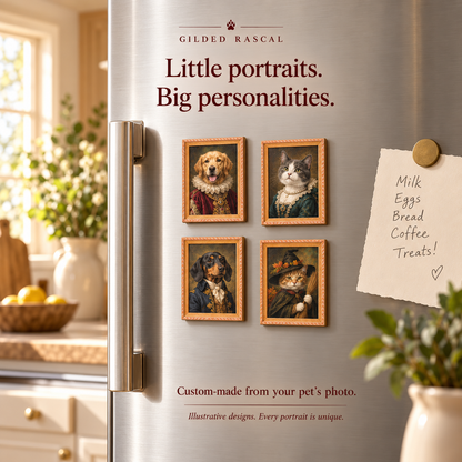 Illustrative examples of personalized pet portrait magnets on a refrigerator.