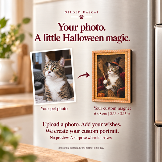 Illustrative example of a personalized pet portrait magnet, 6 by 8 cm.